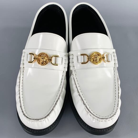 VERSACE Size 9 White Gold Leather Logo Moccasin Flats - Picture 4 of 10
